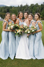Sky Blue Satin Mermaid Bridesmaid Dress with Square Neck Neckline and Pleated Detail