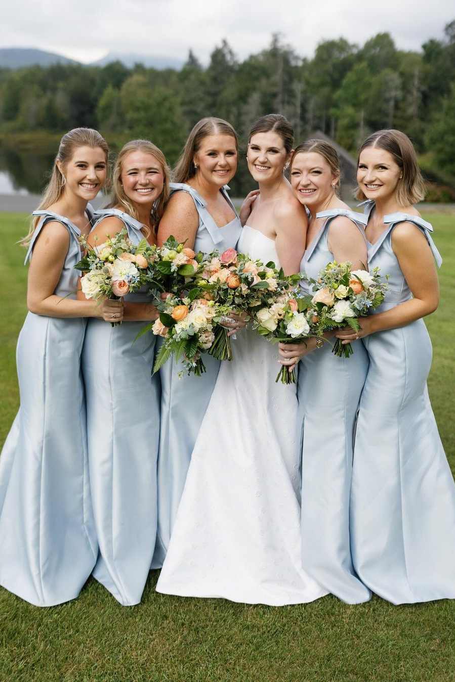 Sky Blue Satin Mermaid Bridesmaid Dress with Square Neck Neckline and Pleated Detail