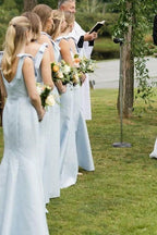 Sky Blue Satin Mermaid Bridesmaid Dress with Square Neck Neckline and Pleated Detail