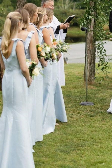 Sky Blue Satin Mermaid Bridesmaid Dress with Square Neck Neckline and Pleated Detail