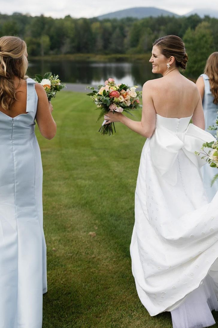 Sky Blue Satin Mermaid Bridesmaid Dress with Square Neck Neckline and Pleated Detail