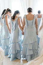 Sky Blue Satin Mermaid Bridesmaid Dress with Square Neck Neckline and Floor Length