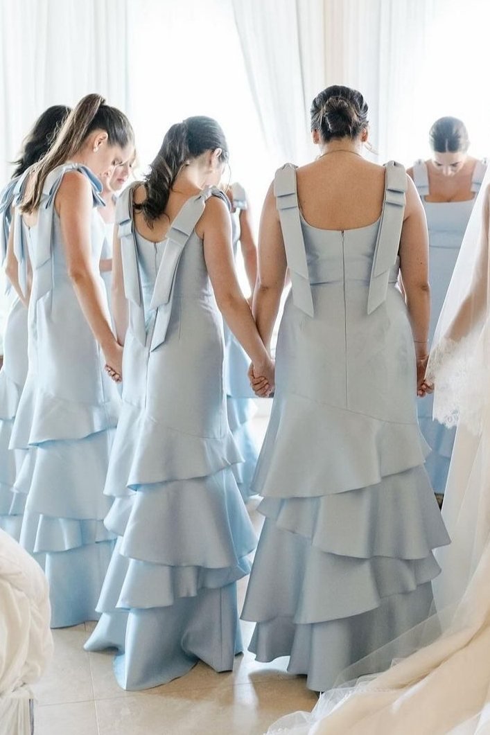 Sky Blue Satin Mermaid Bridesmaid Dress with Square Neck Neckline and Floor Length