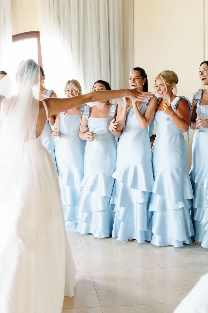 Sky Blue Satin Mermaid Bridesmaid Dress with Square Neck Neckline and Floor Length