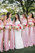 Blush Satin Sheath Bridesmaid Dress with One Shoulder Neckline and Floral Detail