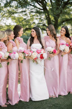 Blush Satin Sheath Bridesmaid Dress with One Shoulder Neckline and Floral Detail
