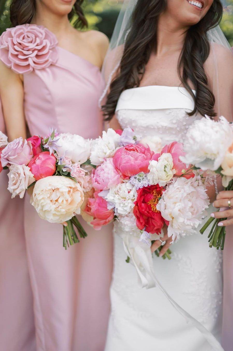 Blush Satin Sheath Bridesmaid Dress with One Shoulder Neckline and Floral Detail
