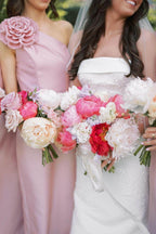 Blush Satin Sheath Bridesmaid Dress with One Shoulder Neckline and Floral Detail