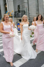 Blush Satin Sheath Bridesmaid Dress with Square Neck Neckline