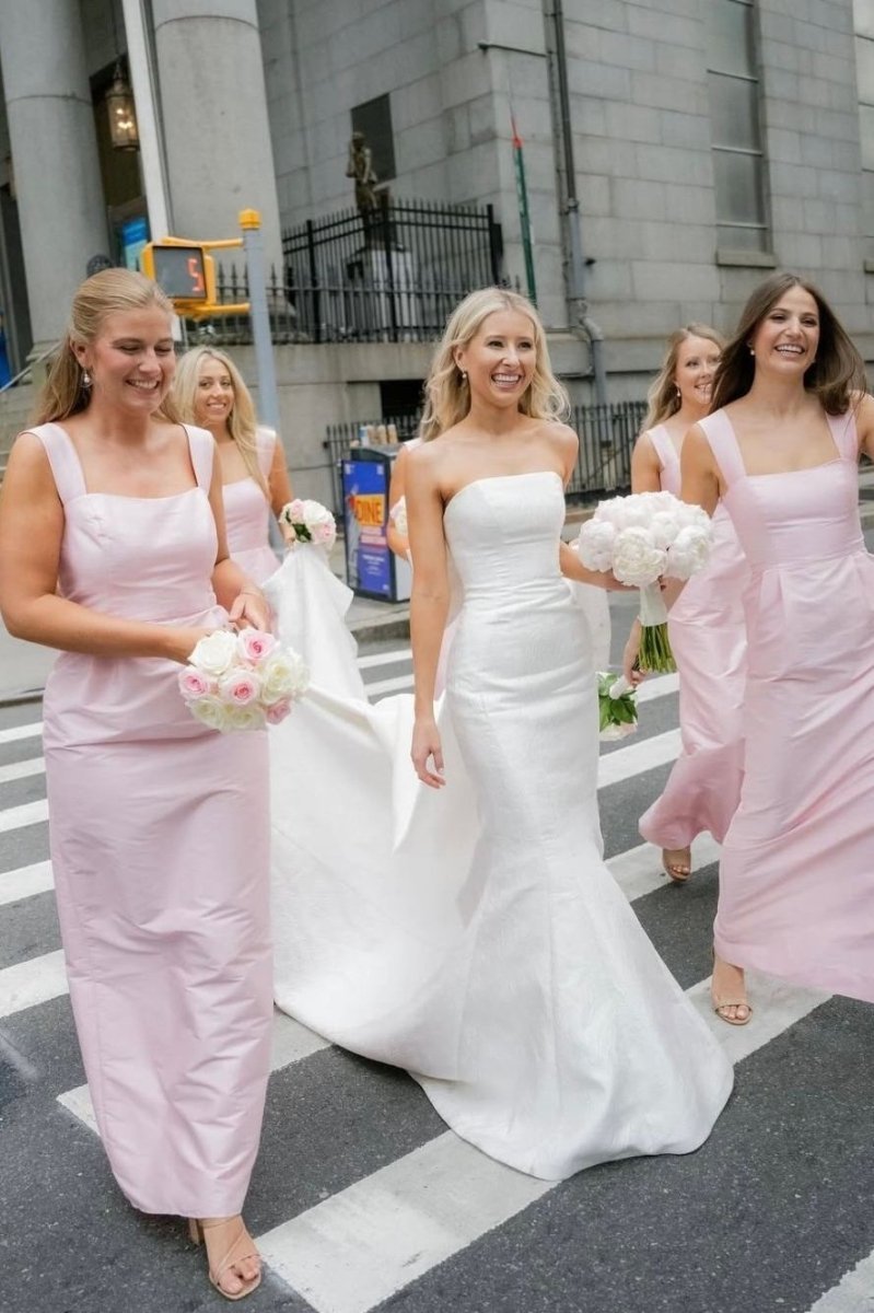Blush Satin Sheath Bridesmaid Dress with Square Neck Neckline