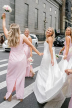 Blush Satin Sheath Bridesmaid Dress with Square Neck Neckline