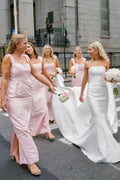 Blush Satin Sheath Bridesmaid Dress with Square Neck Neckline