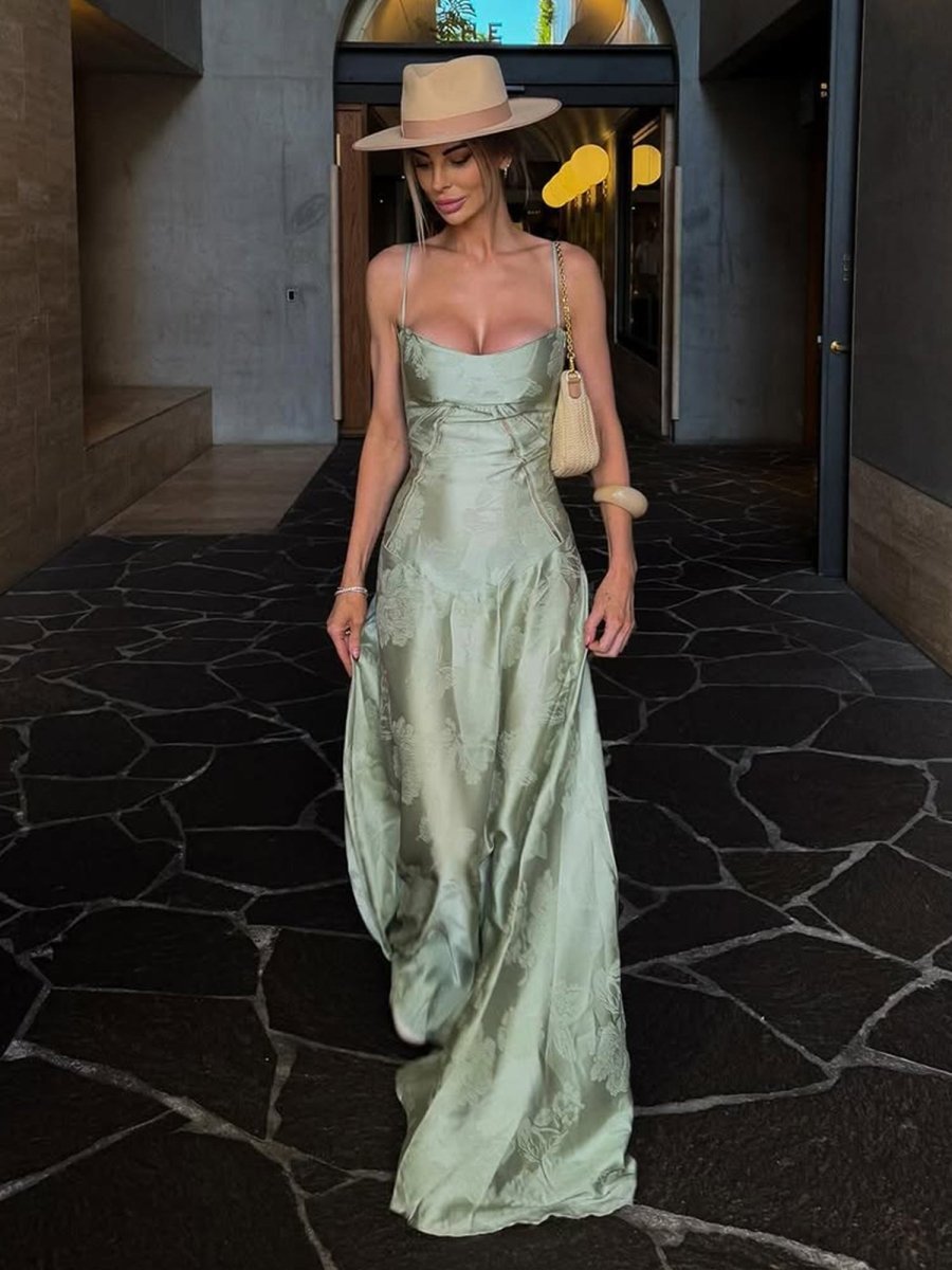 Sage Mermaid Satin Spaghetti Straps Long Formal Prom Gown