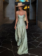 Sage Mermaid Satin Spaghetti Straps Long Formal Prom Gown