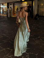 Sage Mermaid Satin Spaghetti Straps Long Formal Prom Gown