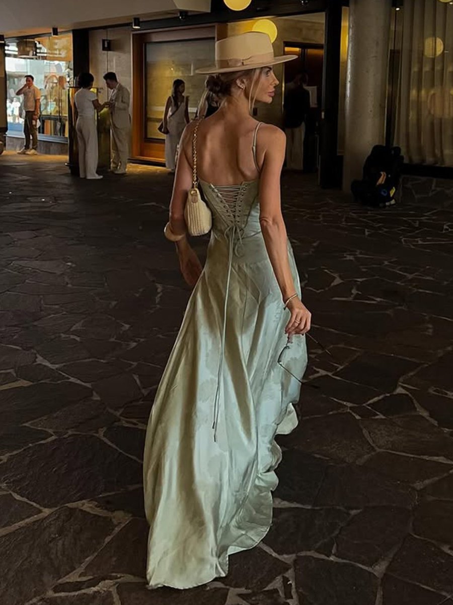 Sage Mermaid Satin Spaghetti Straps Long Formal Prom Gown