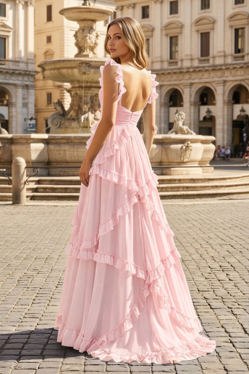 A-Line Straps Sky Blue Chiffon Ruffles Long Formal Prom Gown