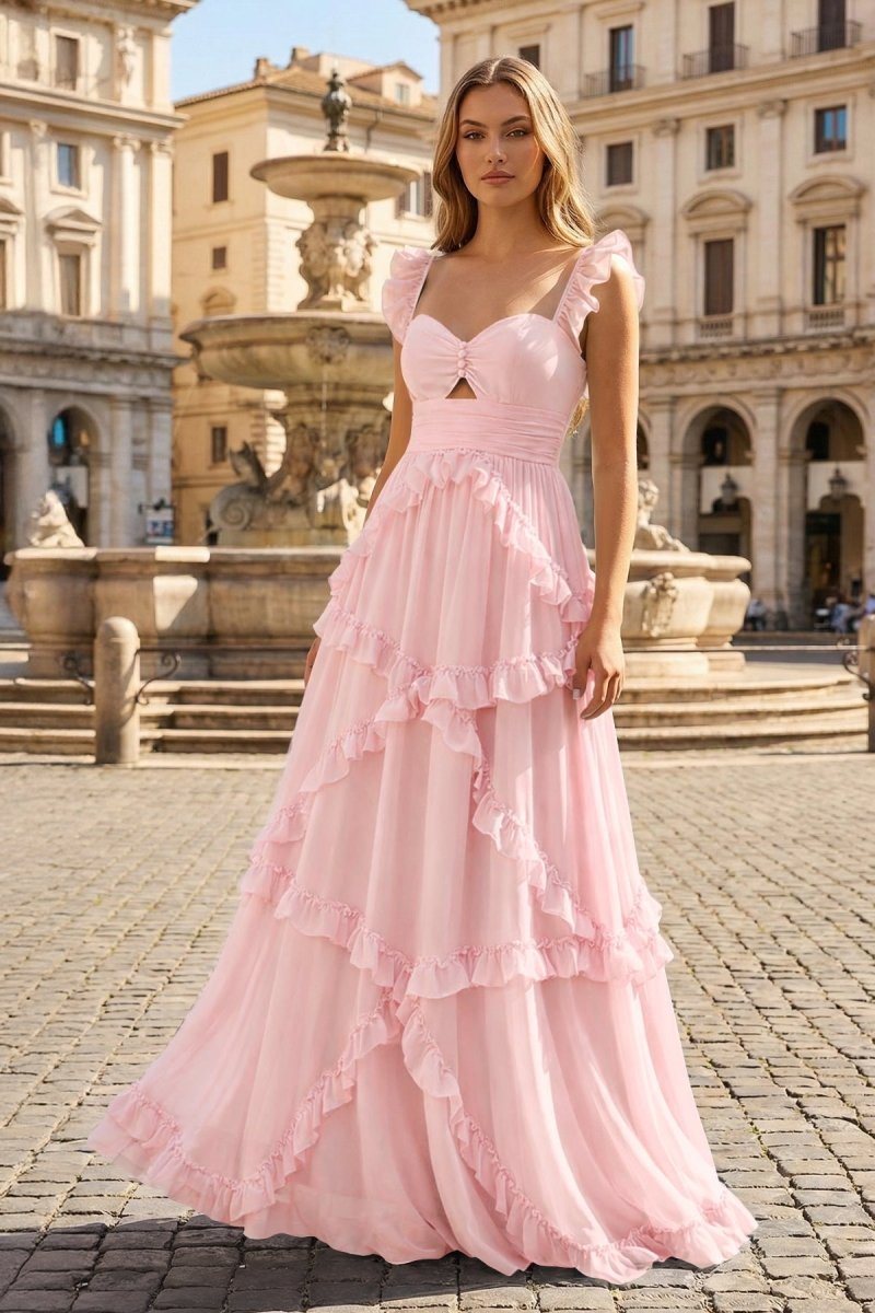 A-Line Straps Sky Blue Chiffon Ruffles Long Formal Prom Gown