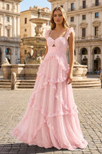 A-Line Straps Sky Blue Chiffon Ruffles Long Formal Prom Gown
