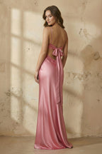 Blue Spaghetti Straps Sheath Satin Long Formal Prom Gown With Appliques