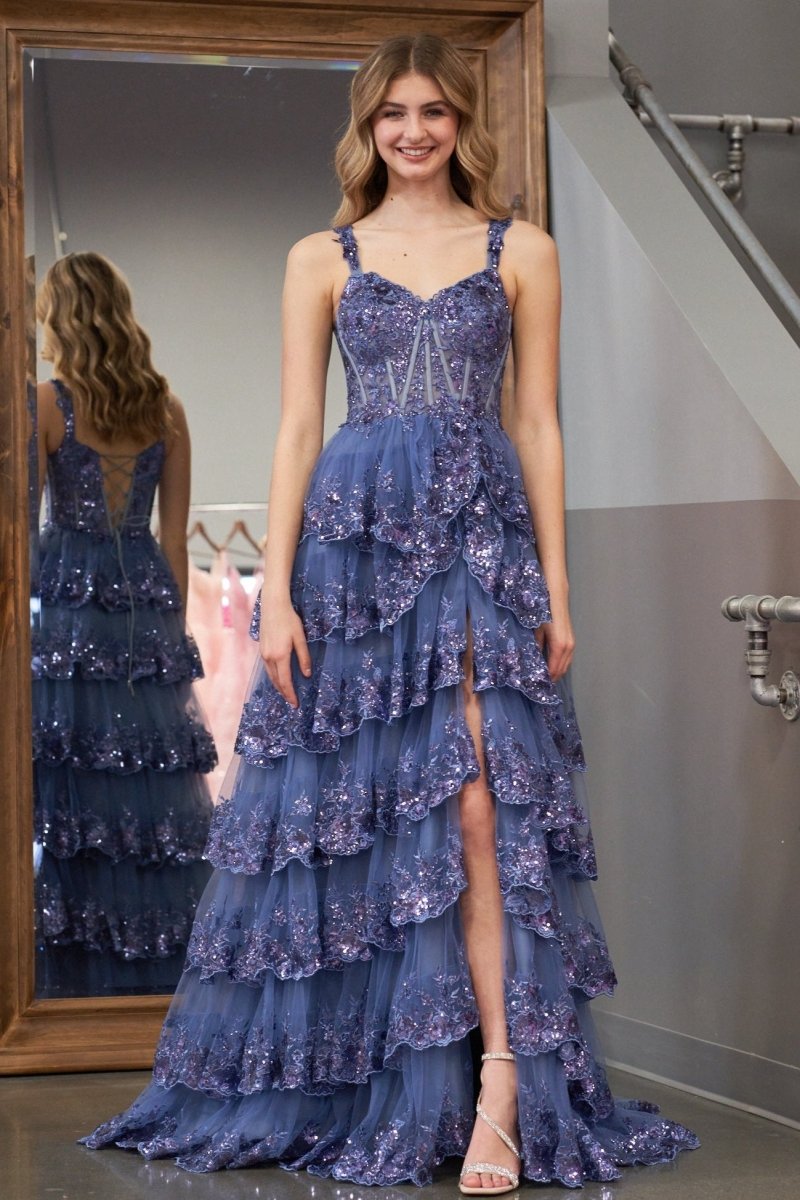 A-Line Lace Off-the-Shoulder Tiered Long Formal Prom Gown with Slit