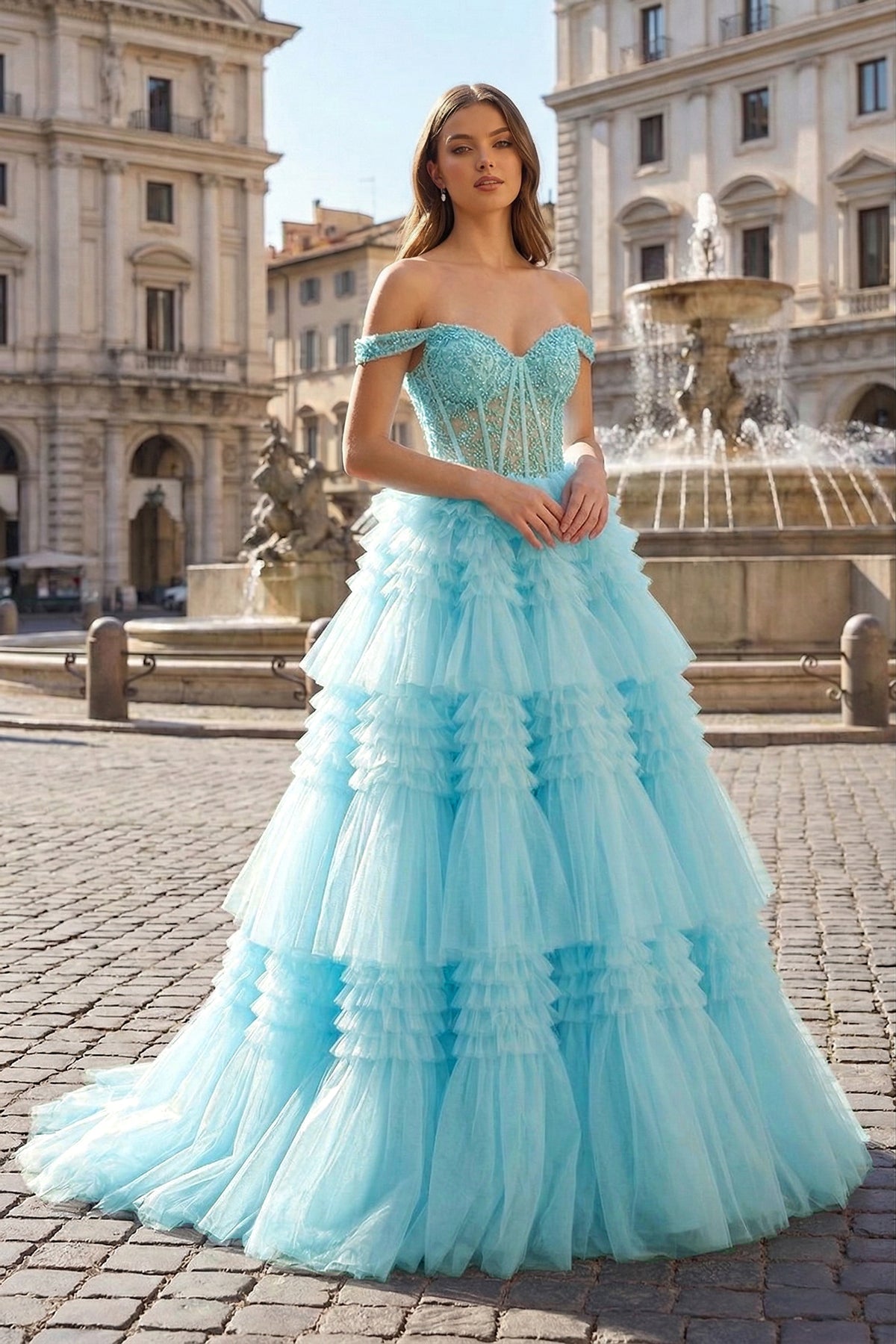 Aurelia Wren Sky Blue front view prom dress