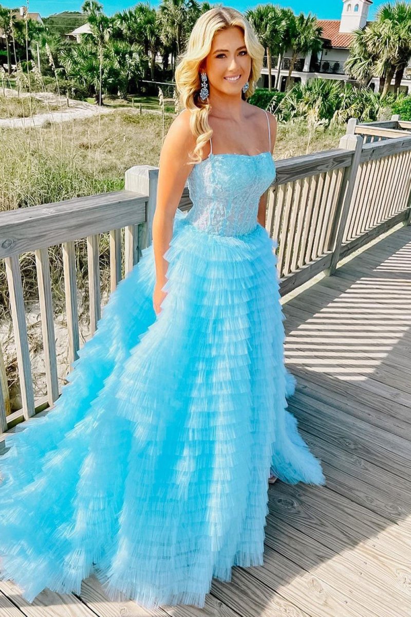A Line Spaghetti Straps Corset Ruffled Formal Prom Gown