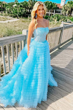 A Line Spaghetti Straps Corset Ruffled Formal Prom Gown