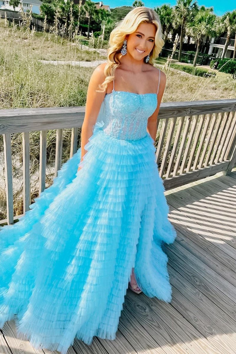 A Line Spaghetti Straps Corset Ruffled Formal Prom Gown