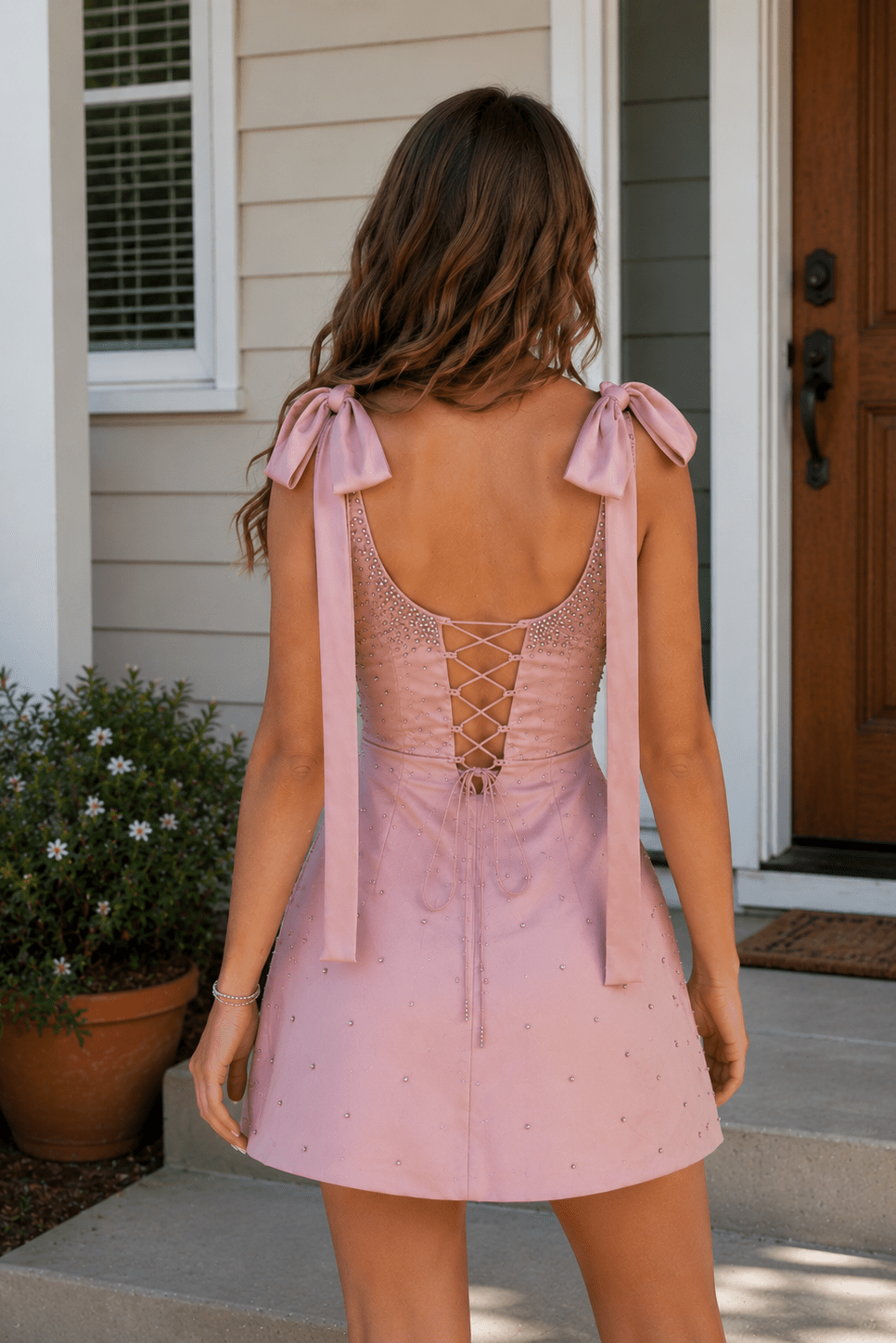 Pink Scoop Neck Satin Short Strapless Homecoming Dress With Bows