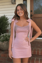 Pink Scoop Neck Satin Short Strapless Homecoming Dress With Bows