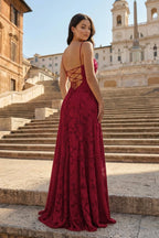 Pink A-Line Lace Floral Spaghetti Straps Long Formal Prom Gown