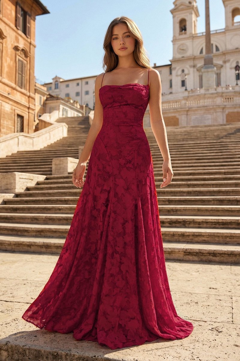 Pink A-Line Lace Floral Spaghetti Straps Long Formal Prom Gown