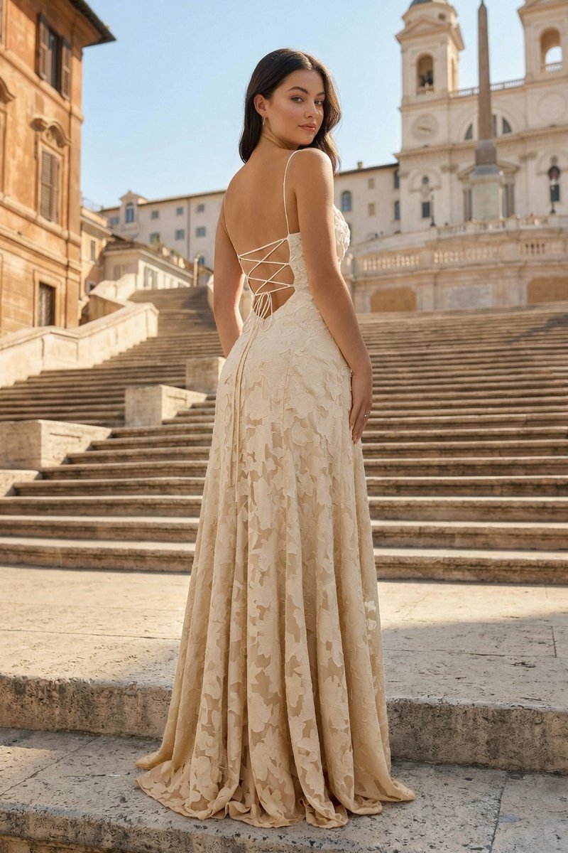 Pink A-Line Lace Floral Spaghetti Straps Long Formal Prom Gown