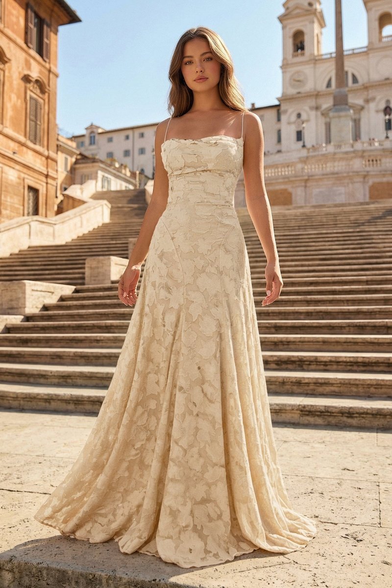 Pink A-Line Lace Floral Spaghetti Straps Long Formal Prom Gown