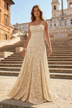 Pink A-Line Lace Floral Spaghetti Straps Long Formal Prom Gown