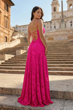 Pink A-Line Lace Floral Spaghetti Straps Long Formal Prom Gown