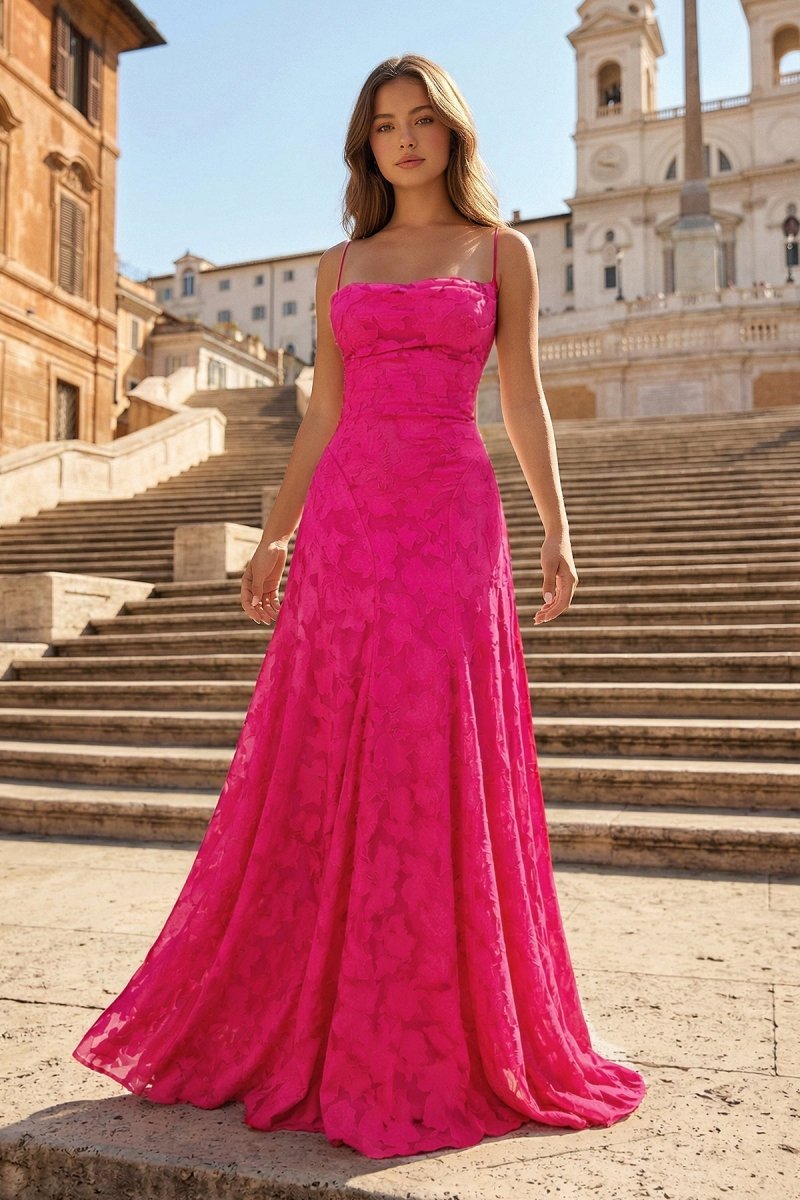 Pink A-Line Lace Floral Spaghetti Straps Long Formal Prom Gown