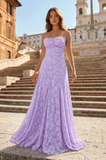 Pink A-Line Lace Floral Spaghetti Straps Long Formal Prom Gown