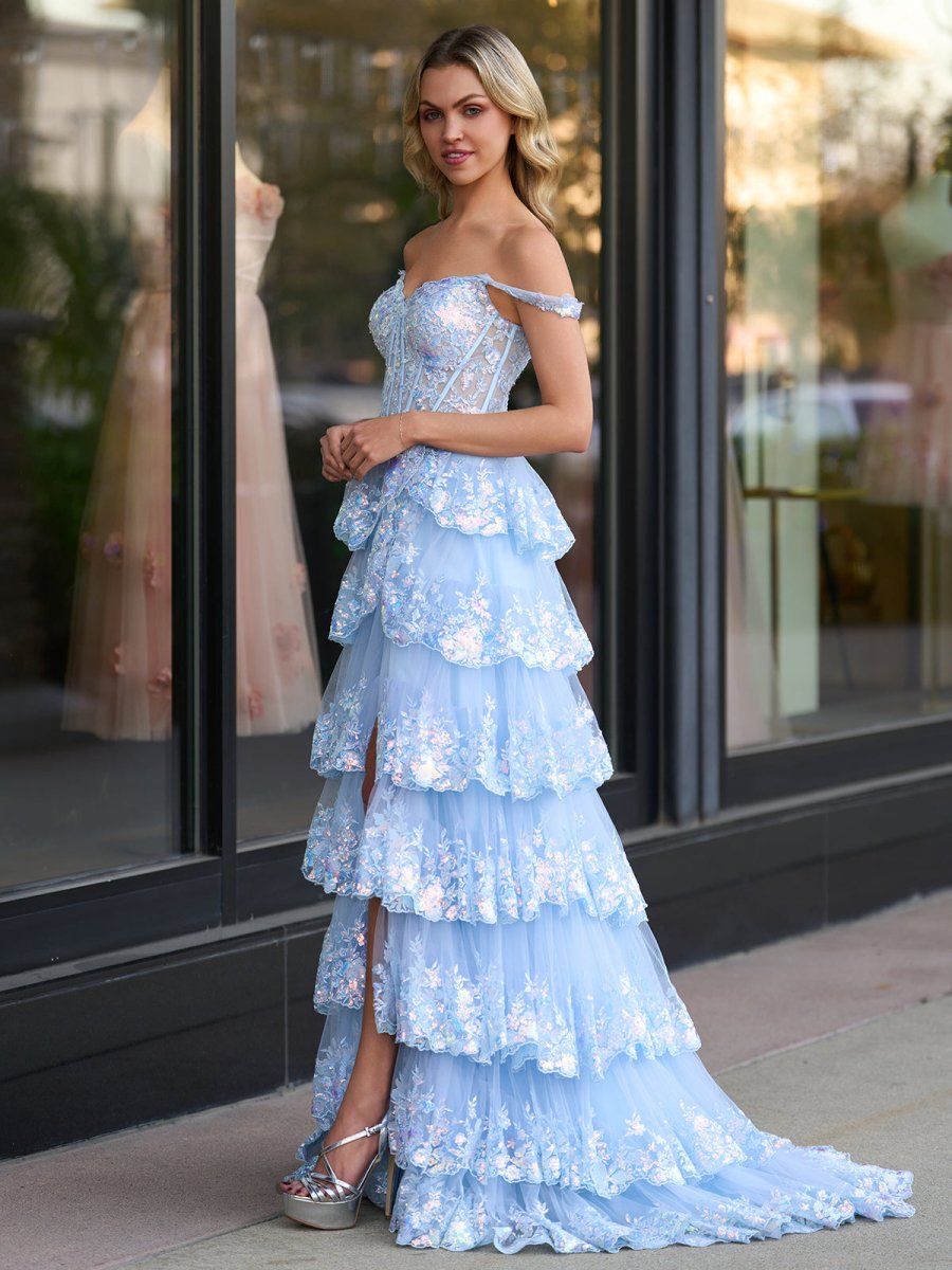 A-Line Lace Off-the-Shoulder Tiered Long Formal Prom Gown with Slit