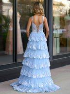 A-Line Lace Off-the-Shoulder Tiered Long Formal Prom Gown with Slit