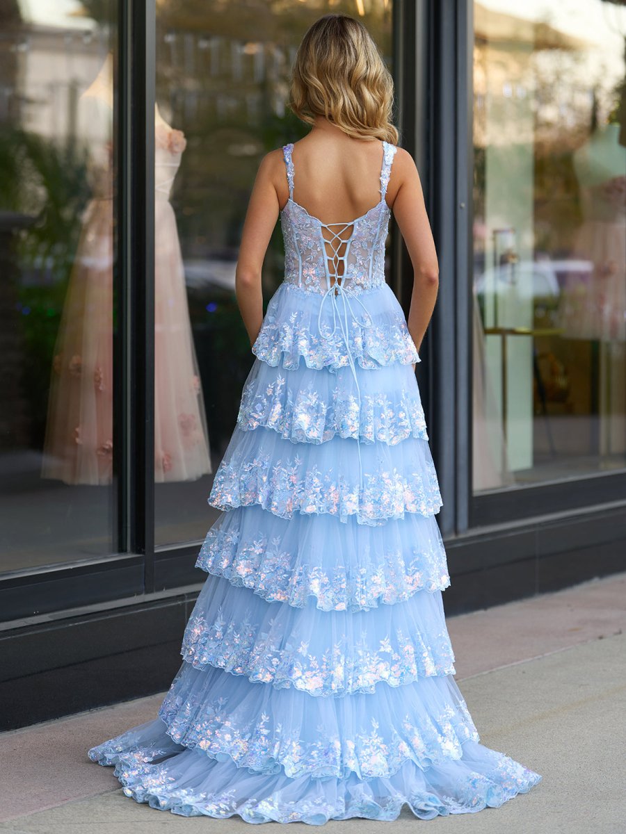 A-Line Lace Off-the-Shoulder Tiered Long Formal Prom Gown with Slit