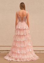 A-Line Lace Off-the-Shoulder Tiered Long Formal Prom Gown with Slit