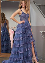 A-Line Lace Off-the-Shoulder Tiered Long Formal Prom Gown with Slit