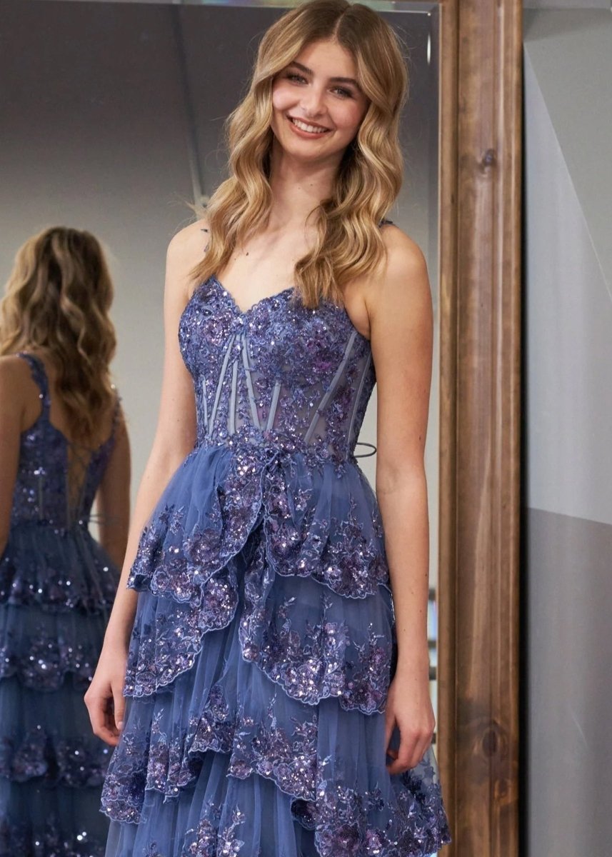 A-Line Lace Off-the-Shoulder Tiered Long Formal Prom Gown with Slit