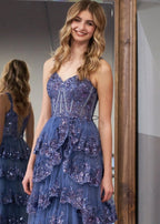 A-Line Lace Off-the-Shoulder Tiered Long Formal Prom Gown with Slit
