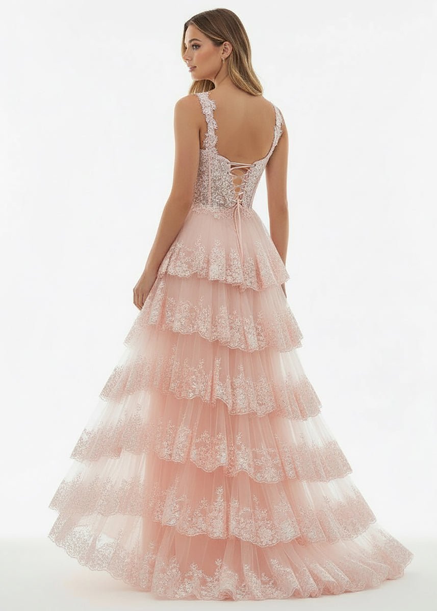A-Line Lace Off-the-Shoulder Tiered Long Formal Prom Gown with Slit