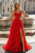 A-Line Lace Off-the-Shoulder Tiered Long Formal Prom Gown with Slit