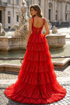 A-Line Lace Off-the-Shoulder Tiered Long Formal Prom Gown with Slit