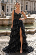 A-Line Lace Off-the-Shoulder Tiered Long Formal Prom Gown with Slit